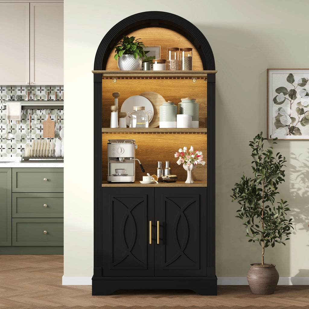 Credenza alta con LED ripiano regolabile 2 ante e 3 vani aperti in MDF nero per cucina soggiorno 76,2 × 40,1 × 180 cm