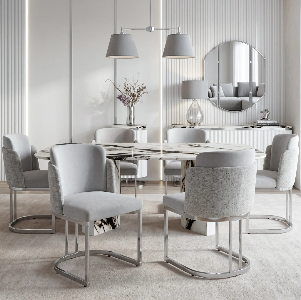 Set di 4 sedie da pranzo in ciniglia grigio e argento