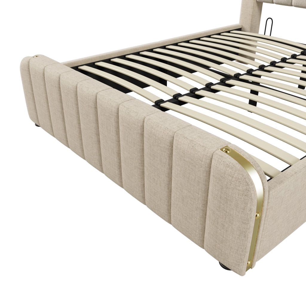 Letto Contenitore Matrimoniale 160x200 cm; USB e Type-C; in Lino Beige