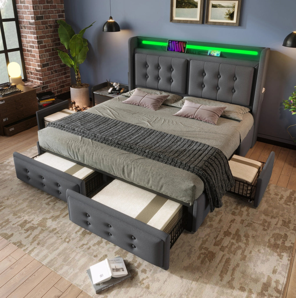 Letto 180x200 cm con LED, USB e USB-C, 4 cassetti in cotone-lino grigio