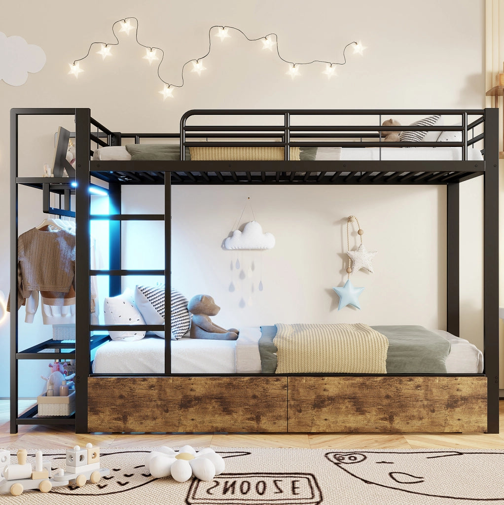 Letto a castello 90x200 cm con LED, cassetti e ripiani