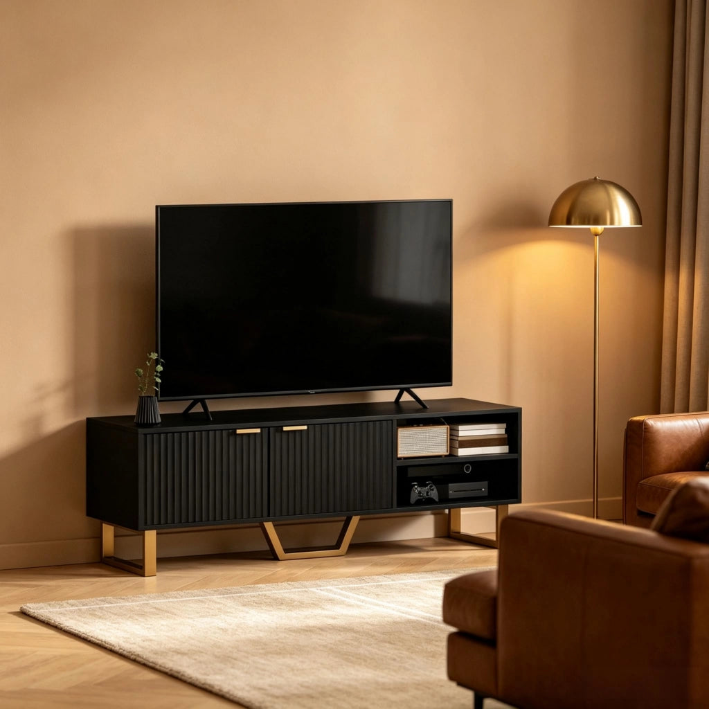 Mobile TV nero 140 cm con due ante scanalate