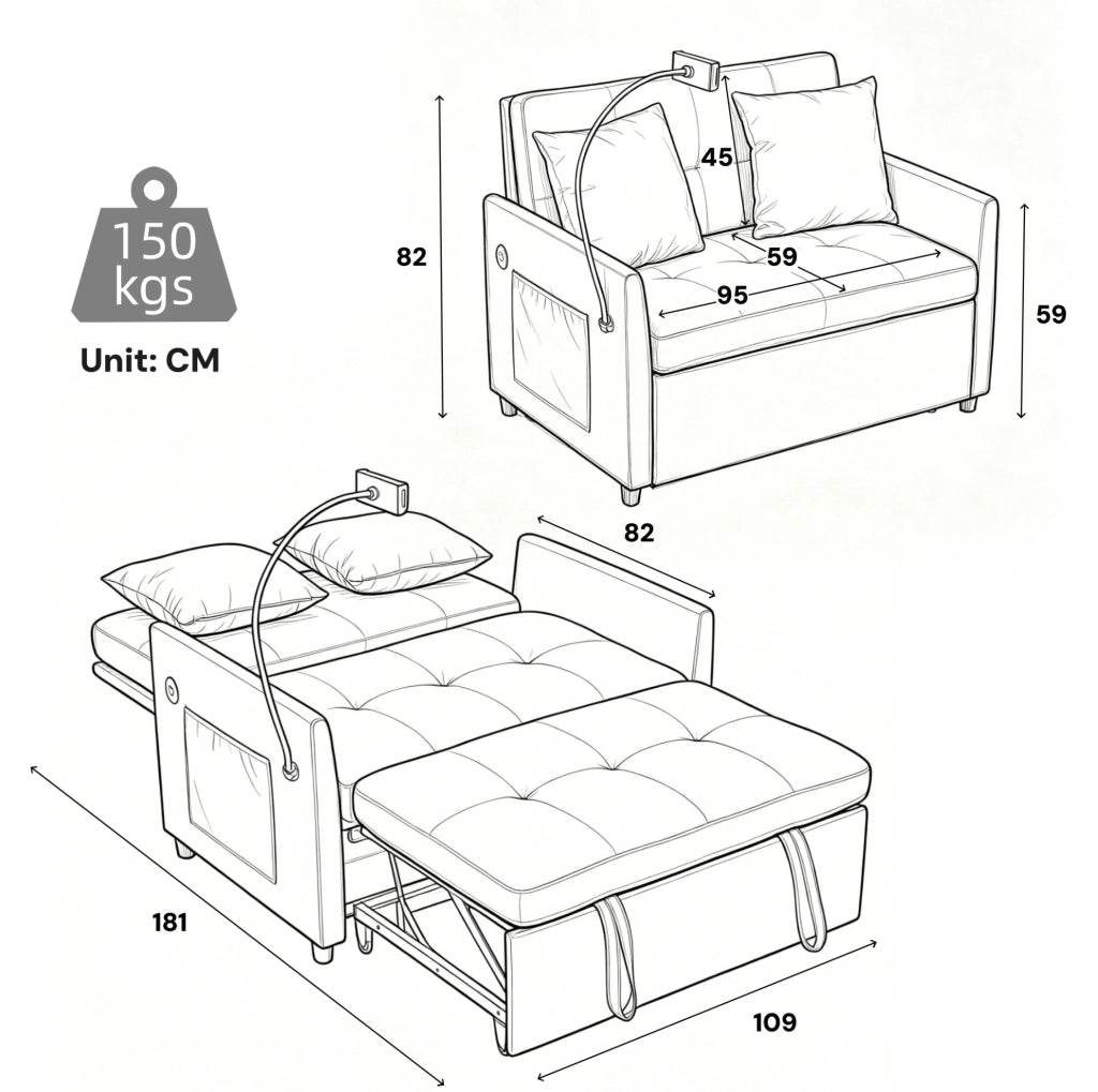 Divano letto singolo pieghevole con USB e supporto tablet verde HOMVRA