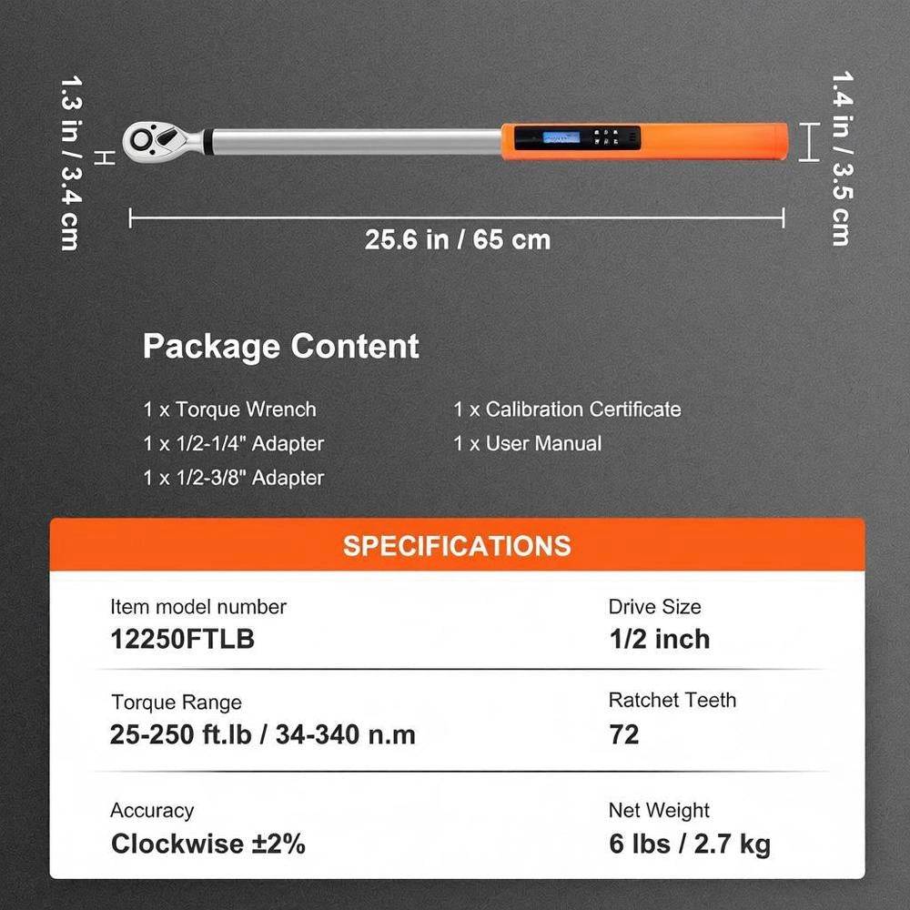 Torque Wrench 34–340 Nm, Torque Wrench For Bicycles, Motorcycles & Cars, ± 2% Accuracy, Torque Wrench Set, 72-tooth Ratchet Head