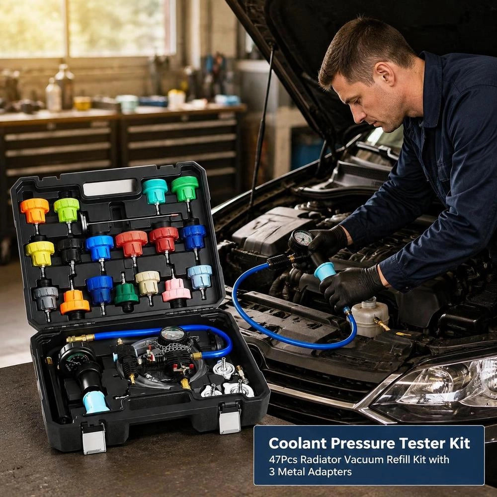 Coolant Pressure Tester Kit, 47Pcs Radiator Vacuum Refill Kit With 3 Metal Adapters, Universal Fit, Automotive Cooling System Pressure Tester Tool, With Pressures Pump & Plastic Filler