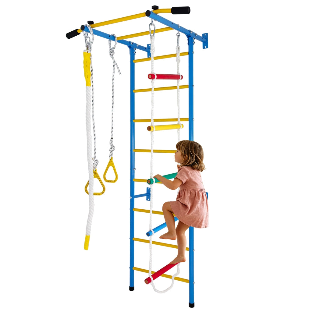 Set da arrampicata 5 in 1 per bambini, scala a muro in acciaio con sbarra per trazioni, corda e anelli ginnici. Struttura solida per interni, regalo ideale