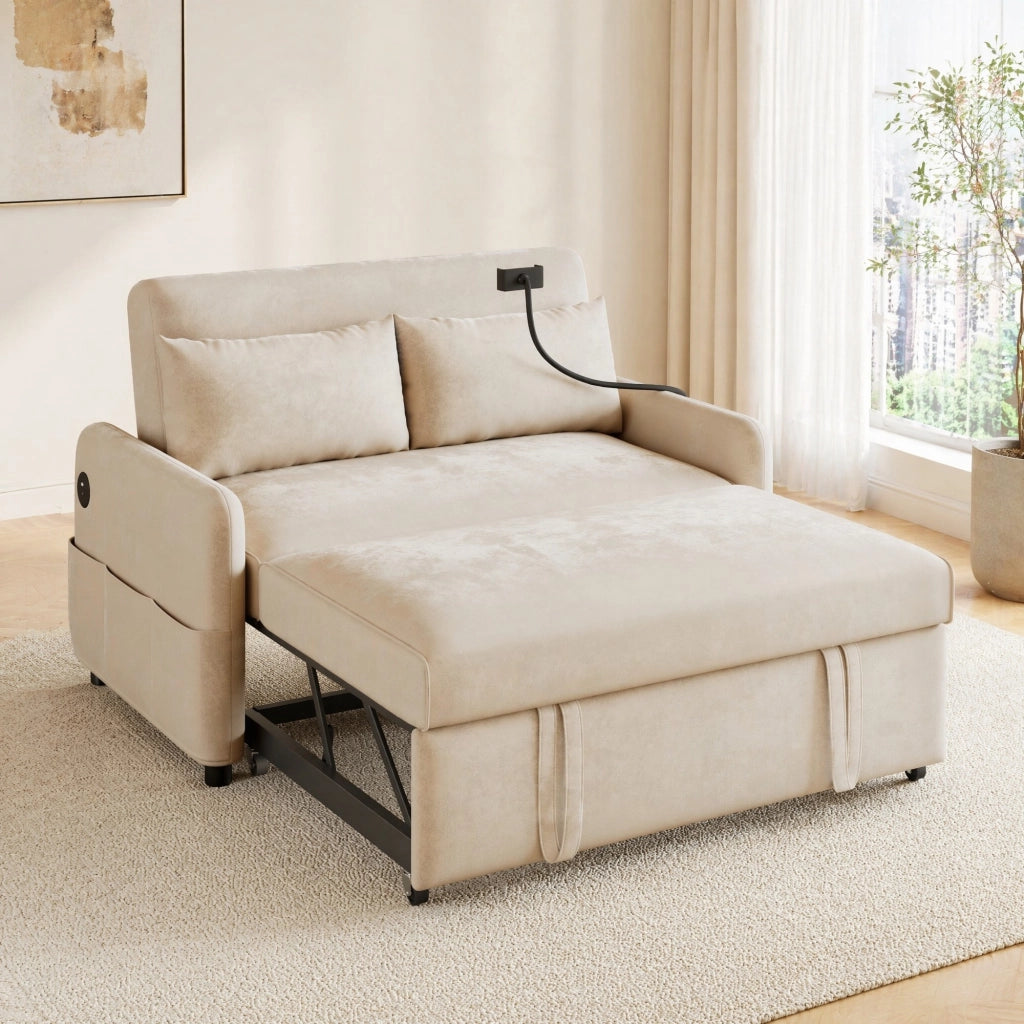 Divano letto a 2 posti in ciniglia beige; schienale regolabile; USB e porta telefono