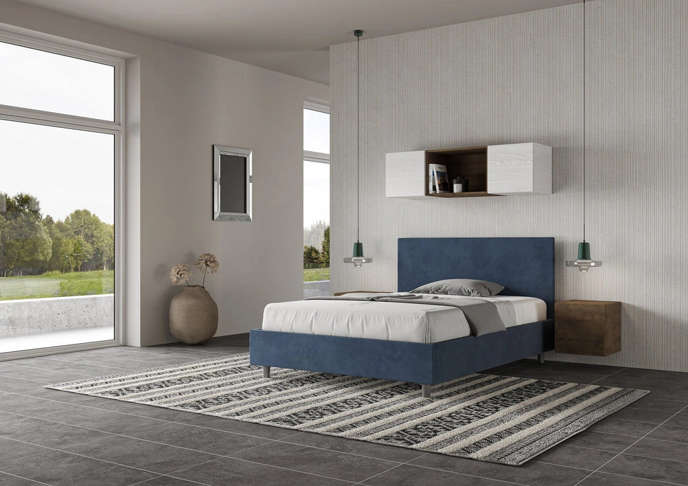 Letto Matrimoniale Francese 150x210 cm con Rete e Contenitore Adele Blu