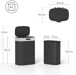 Pattumiera da cucina 21,5x19,5x30 cm nera con coperchio aperto, inox