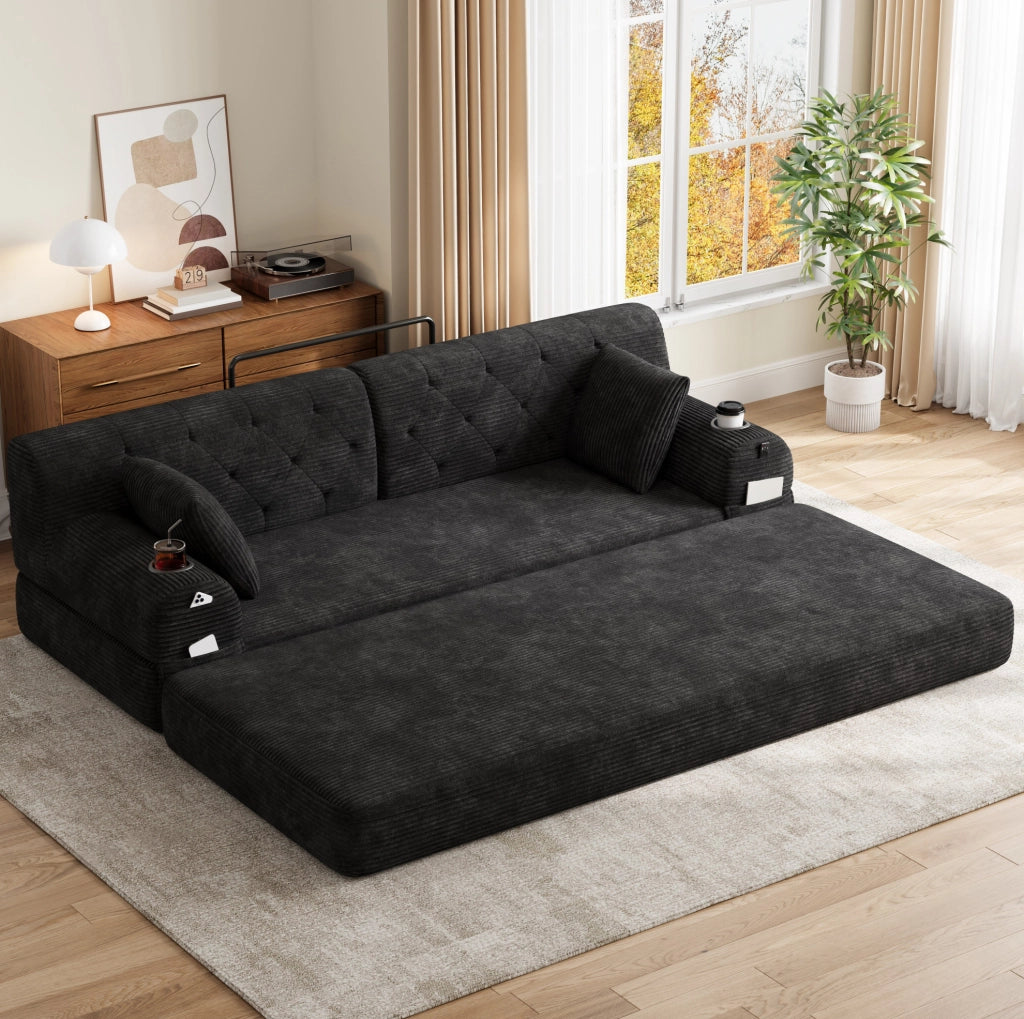 Divano Letto 3 Posti in Corduroy Nero con Schienale Alto, Struttura in Metallo, 4 Tasche Laterali e 2 Portabicchieri - Ideale per Soggiorno e Spazi Ridotti