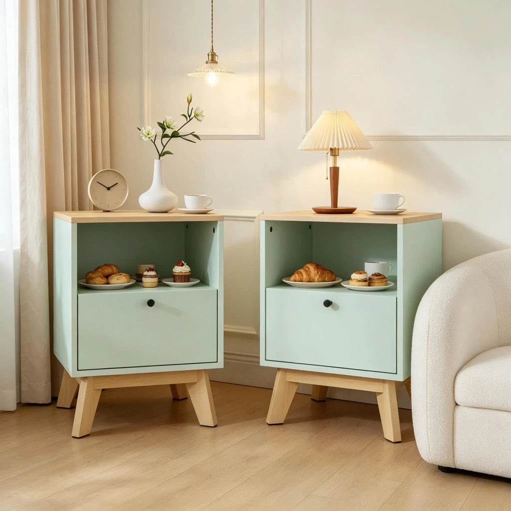 Set di 2 comodini con cassetto e vano aperto (solo 2 pezzi)
