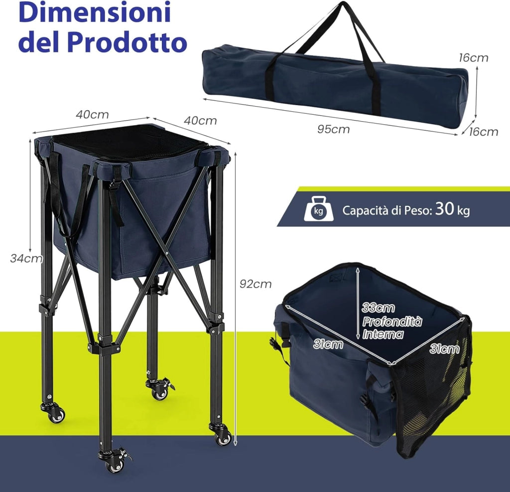 Carrello Porta Palline da Tennis, Carrello da Tennis Pieghevole in Alluminio con Ruote Frenate, Borsa Rimovibile Tasche Laterali, Borsa per Il Trasporto, Max 150 Palline Tennis