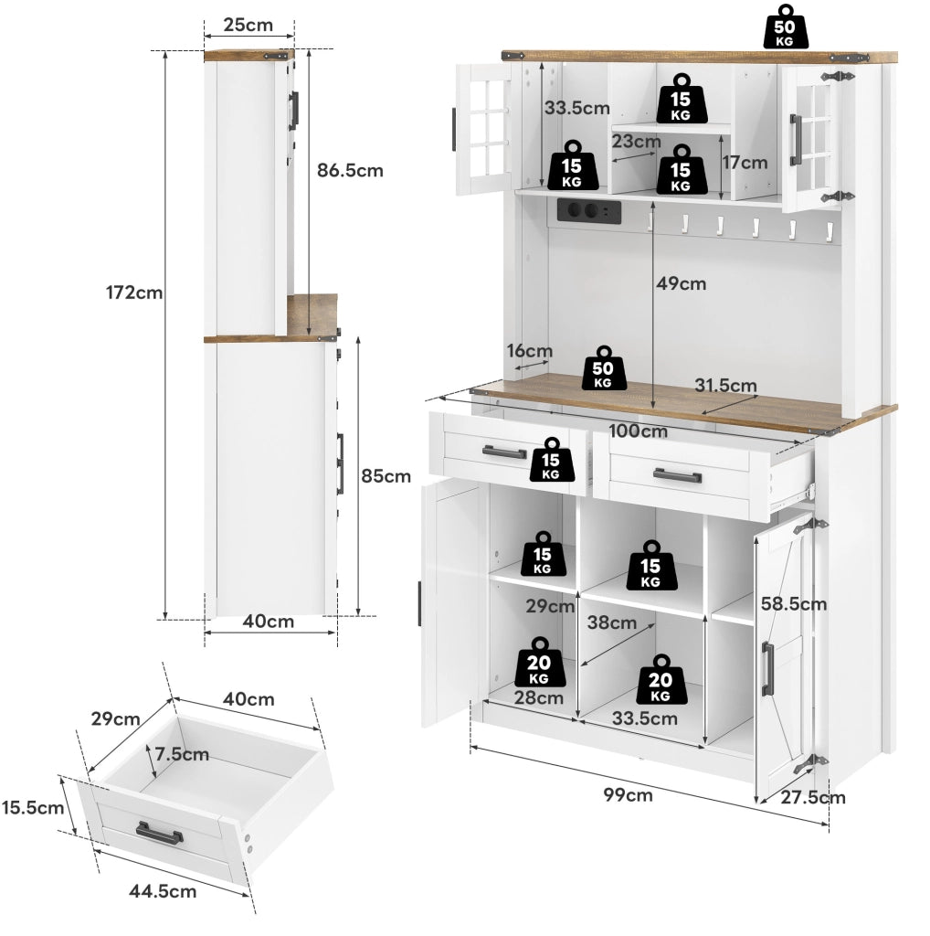 Mobile bar con LED, prese di corrente, USB e ripiani regolabili
