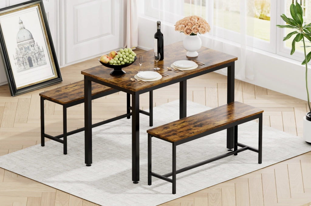 Set da pranzo industriale con tavolo 110x60x75 cm e 2 panche rustiche marrone e nero