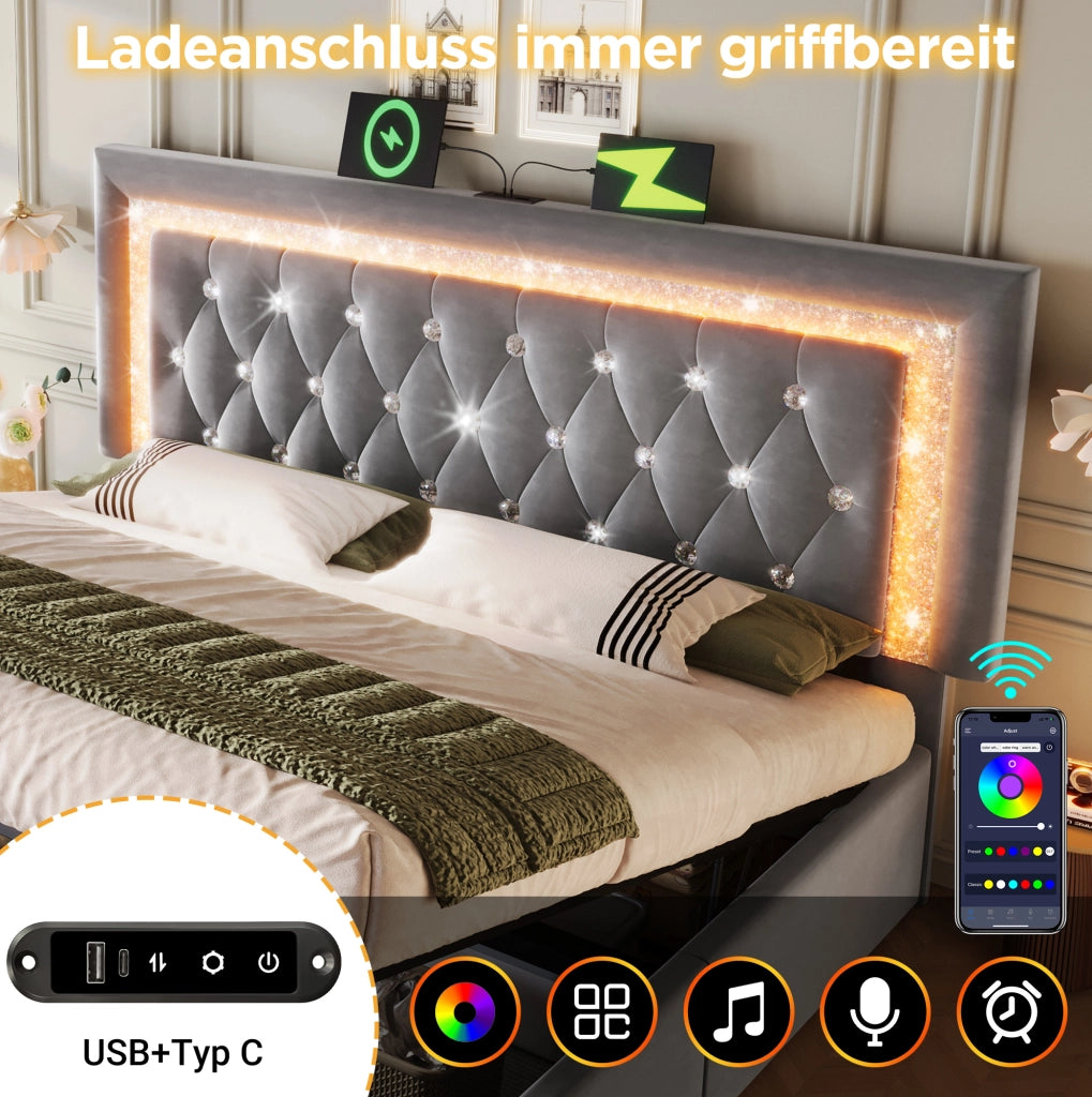 Letto contenitore 160 × 200 cm con LED; USB e USB-C; testiera regolabile; velluto grigio