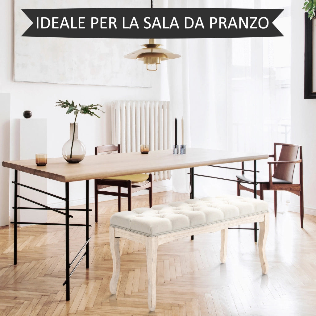 Panca Fondoletto Vintage con Seduta Imbottita in Tessuto e Gambe in Legno, 110x40x48cm, Beige