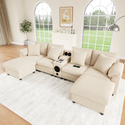 Divano modulare angolare 315;5x144 cm in velluto a coste beige con Bluetooth e ricarica USB-C