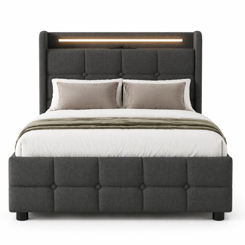 Letto singolo imbottito 90x200 cm con USB, luci LED e 2 cassetti