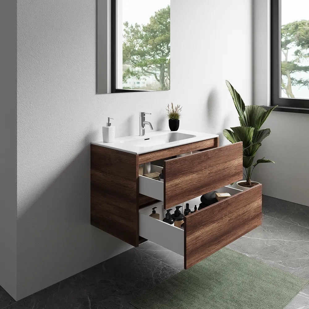 Mobile bagno sospeso 100cm due cassetti apertura push&pull rovere barok con lavabo | Galdor