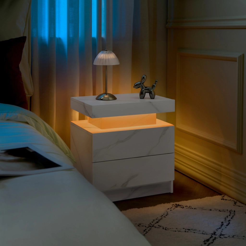 Comodino ULEVR con LED multicolore, 2 cassetti e vano aperto, pannello a base di legno bianco opaco