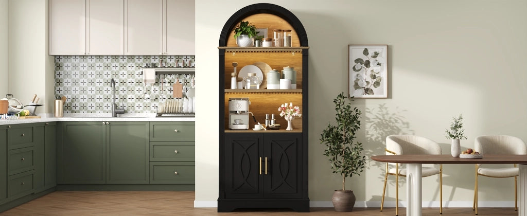 Credenza alta con LED ripiano regolabile 2 ante e 3 vani aperti in MDF nero per cucina soggiorno 76,2 × 40,1 × 180 cm