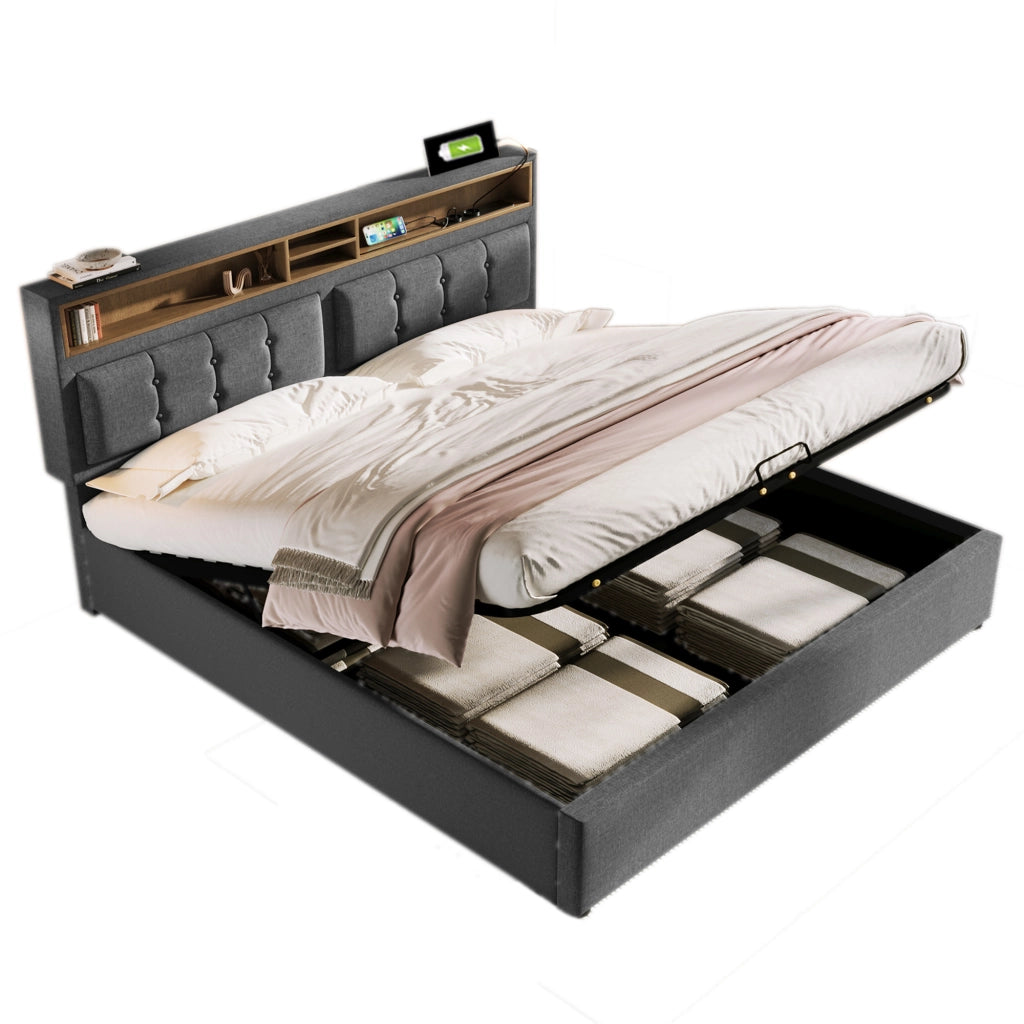 Letto contenitore imbottito 140x200 grigio con prese USB