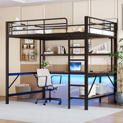 Letto a soppalco 140x200 cm nero con scrivania, scaffale, LED, USB e presa