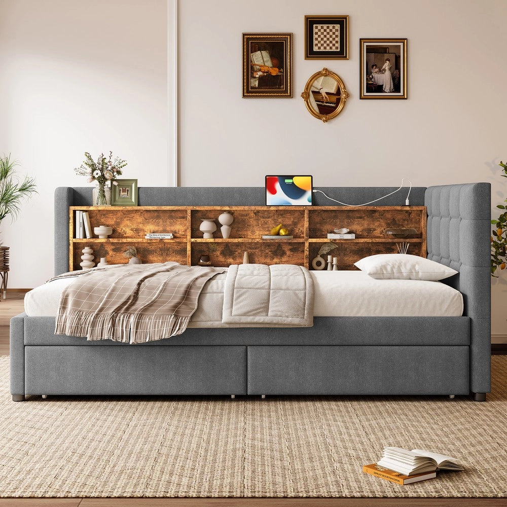 Letto Singolo con Cassetti e Rete a Doghe ¨C MINIMAL ¨C Tessuto Grigio 90x200