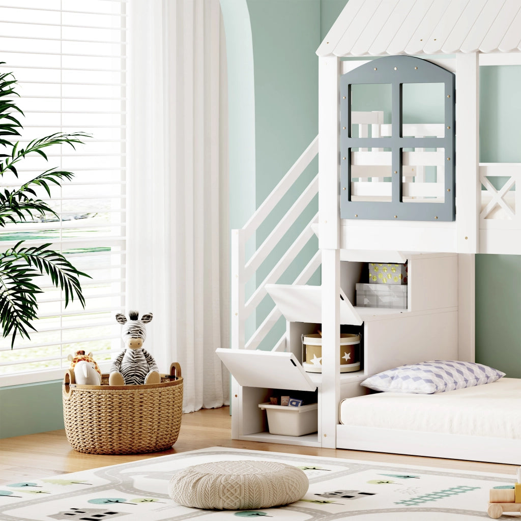 Letto a castello per bambini 90 × 200 cm 2 posti con scala e 3 armadietti; senza materasso; bianco e grigio