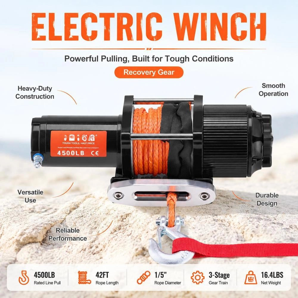 Electric Winch, 2048 Kg Pulling Force, 12 V DC For Off-road Vehicles/UTVs, With 12-strand Synthetic Rope (Φ1/4 Inch X 39 Feet), Aluminum Rope Guide, Remote Controls, IP55 Water Resistance