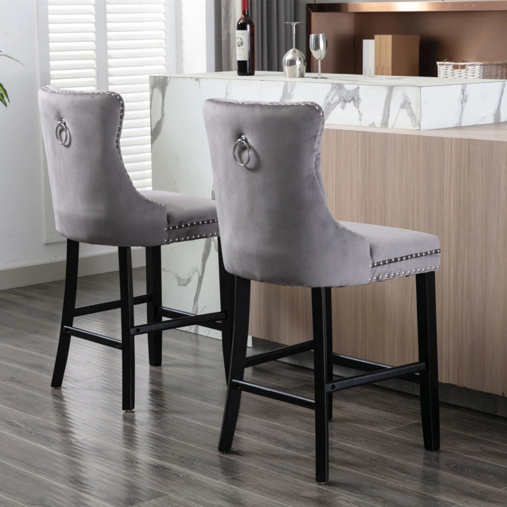 Sgabelli da Bar in Velluto con Bottoni e Gambe in Legno ¨C MINIMAL ¨C Grigio, Set di 2
