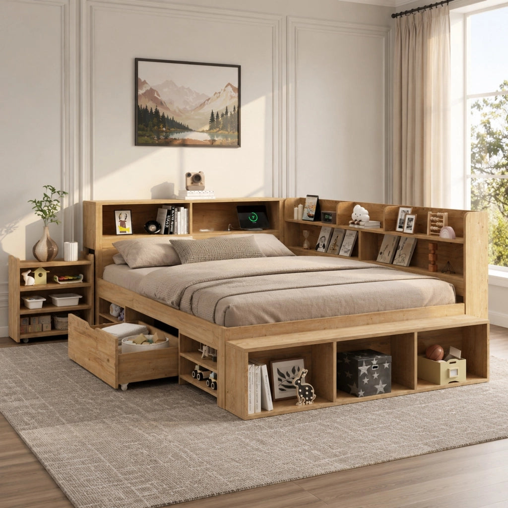 Letto per bambini multifunzionale 140x200 cm con cassetti, ripiani e ricarica wireless, senza materasso, colore legno naturale