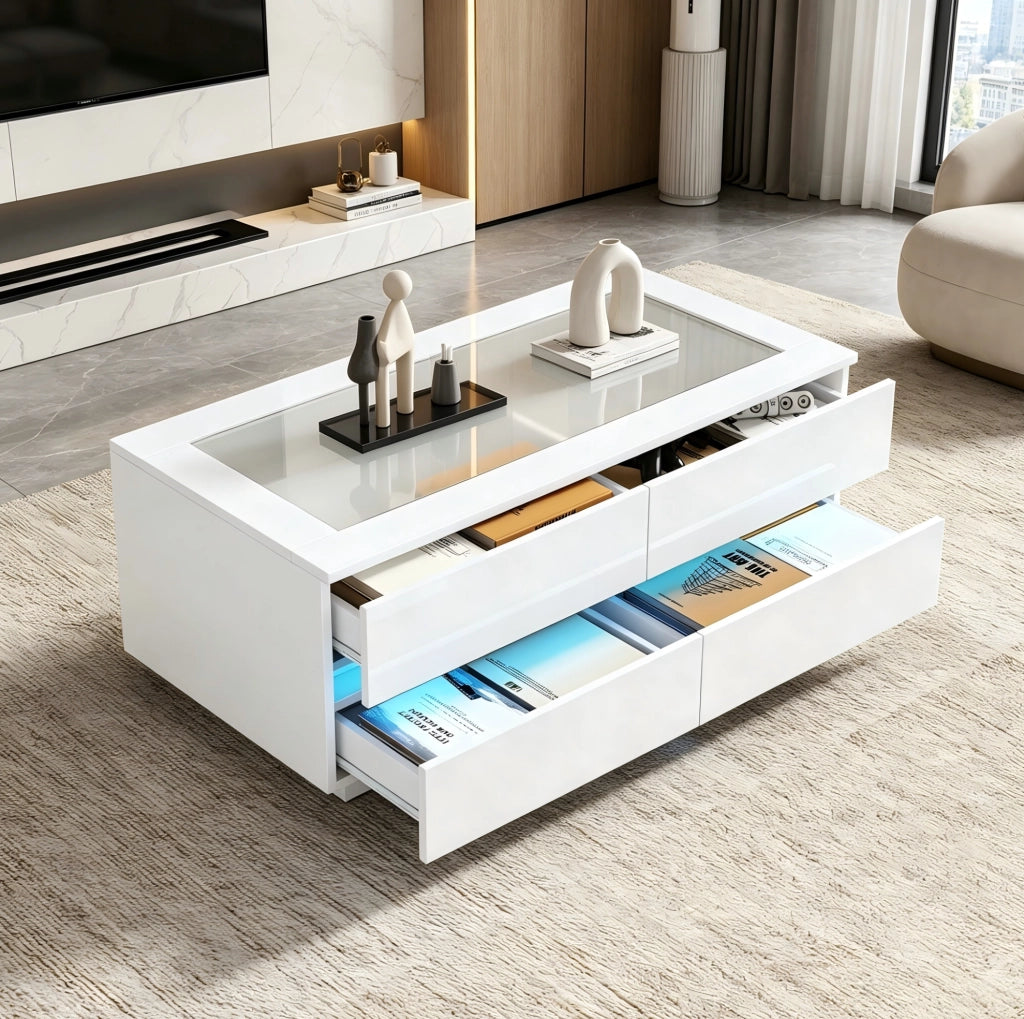 Tavolino da caffè bianco moderno 100x50x40 cm con 4 cassetti, illuminazione LED e piano in vetro temperato
