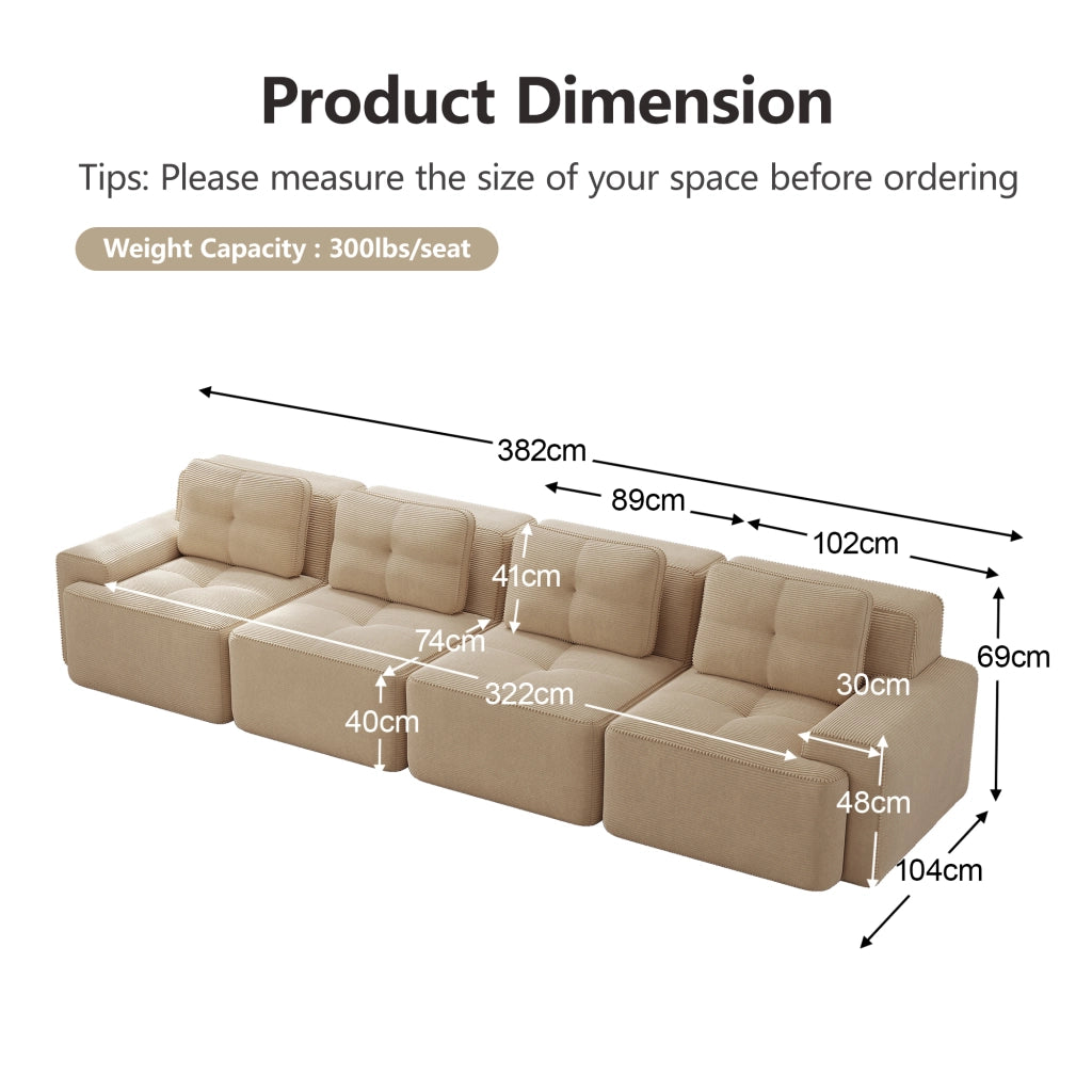 Divano Modulare 4 Posti in Velluto a Coste ¨C MINIMAL ¨C Beige, Morbido, Tiefsitz