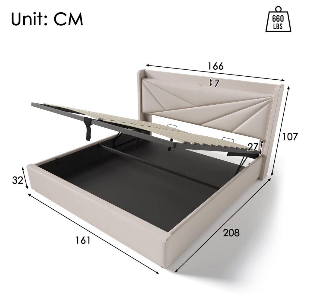 Letto matrimoniale beige 160x200 con contenitore, USB e USB-C