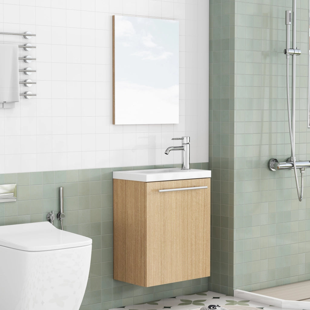 Mobile bagno sospeso con lavabo in ceramica e specchio, MDF color rovere