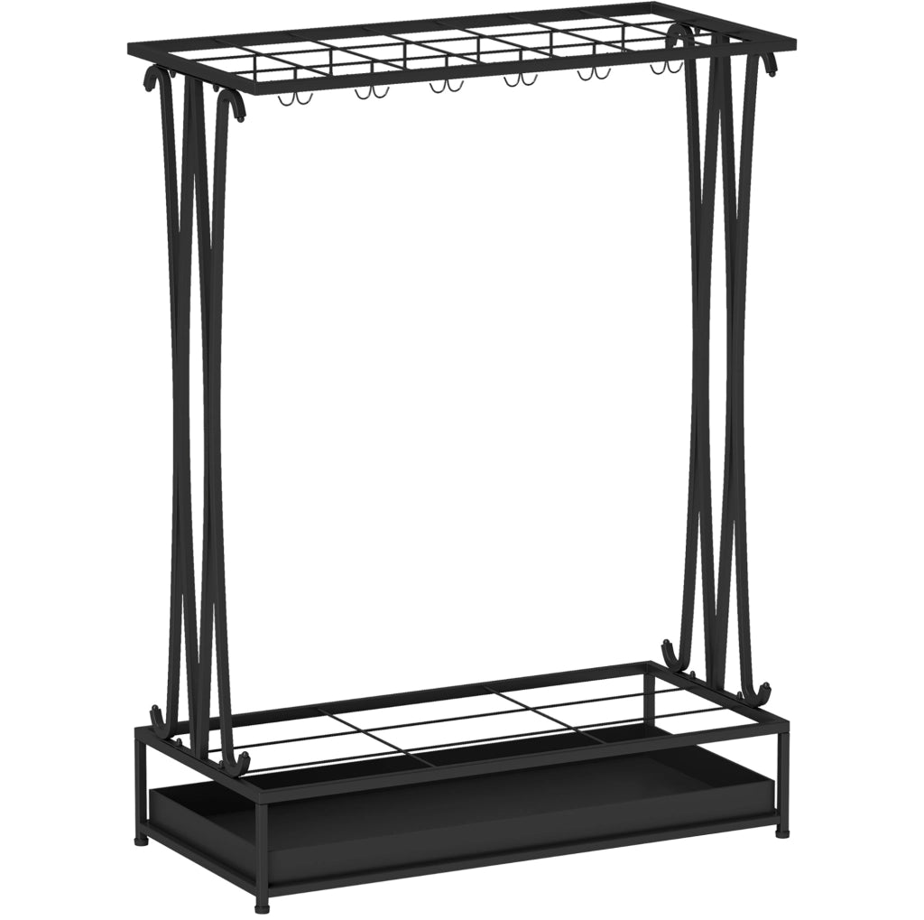 Portaombrelli in acciaio con 24 ganci e 21 fori, base rettangolare 50x24x68 cm, con vaschetta raccogli acqua rimovibile, nero