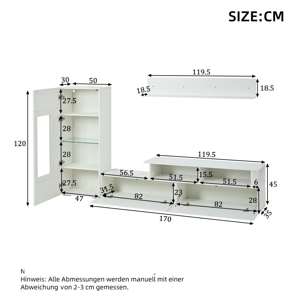 Set mobile TV 3 pezzi 170 cm, 1 ribaltabile + 1 nicchia, 4 ripiani, LED, bianco