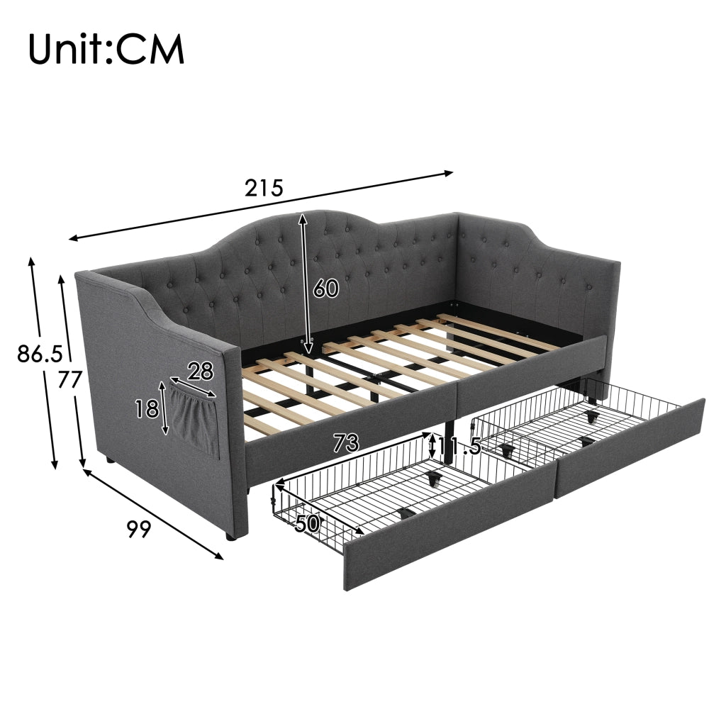 Letto singolo imbottito 90x200 cm con due cassetti; USB-C e struttura in lino grigio
