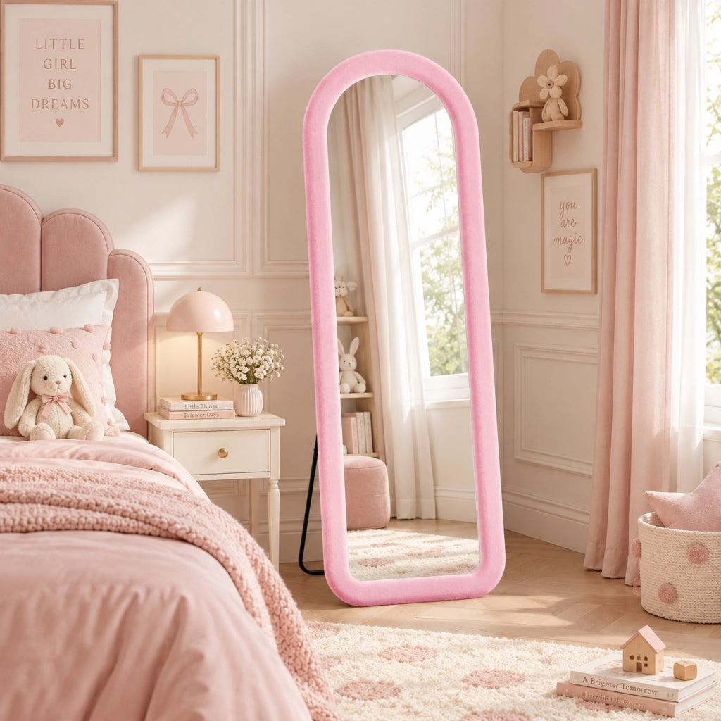 Specchio a Figura Intera 160x50 cm, Specchio da Terra ad Arco Rosa con Cornice in Morbida Flanella, Vetro Temperato HD, Specchio da Parete o Autoportante Supporto