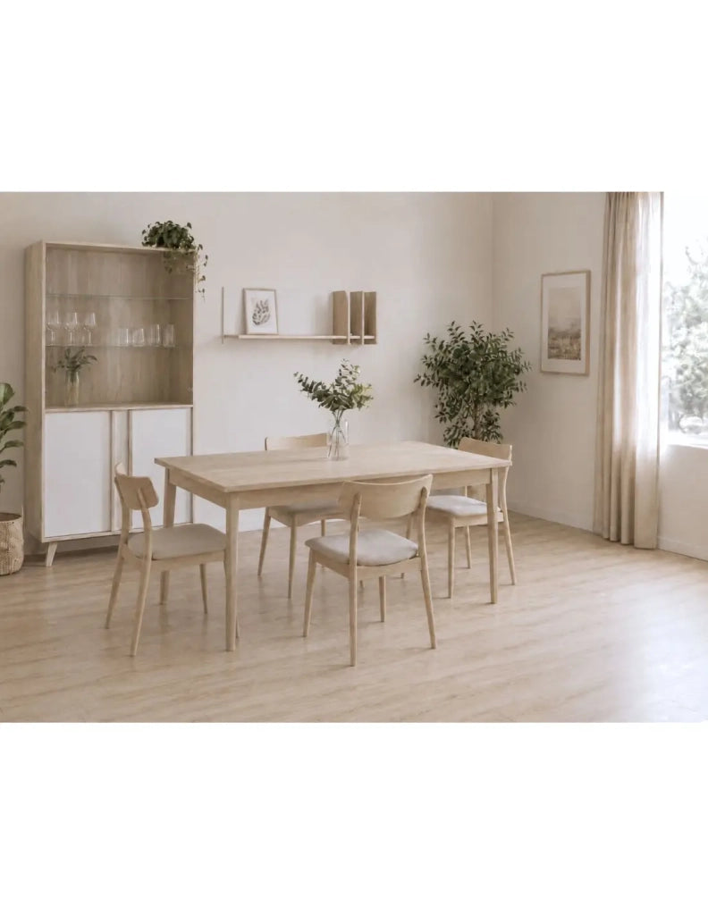 Sala da pranzo completa MALMO con tavolo 160 cm, vetrina LED e mensola da parete – Rovere chiaro e bianco – Stile scandinavo
