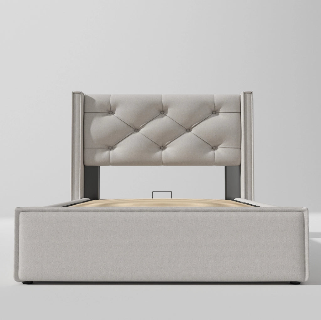 Letto singolo imbottito con contenitore sollevabile 90x200 cm; grigio chiaro in cotone