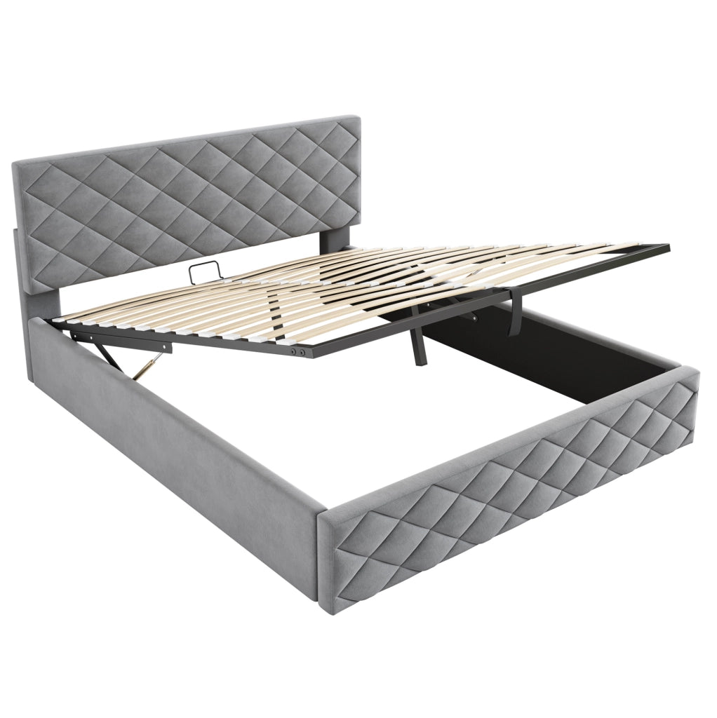 Letto contenitore idraulico 140 × 200 cm con rete a doghe; velluto grigio