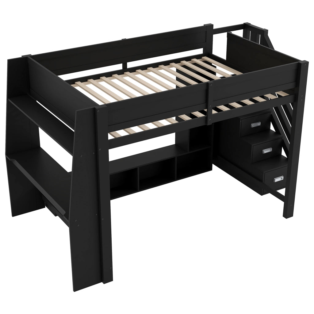 Letto a soppalco 140x200 in legno con scrivania e LED; nero