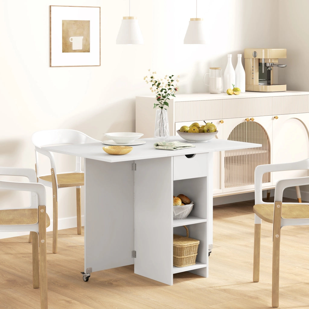 Tavolo da pranzo - pieghevole per 2-4 persone - con ripiani e cassetto - 114;5x70x75 cm - bianco