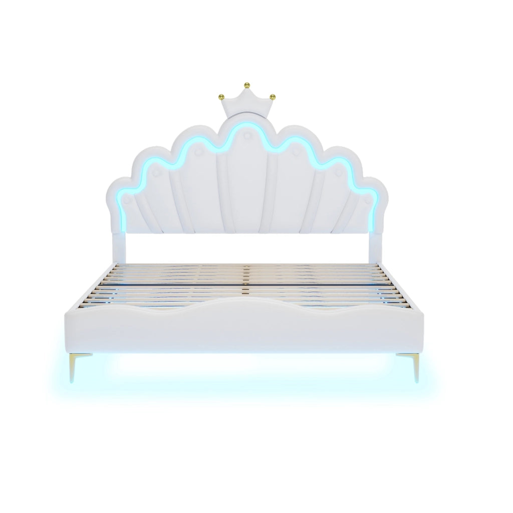 Crown Shape Princess Double Bed 140x200cm con strisce LED in PU bianca