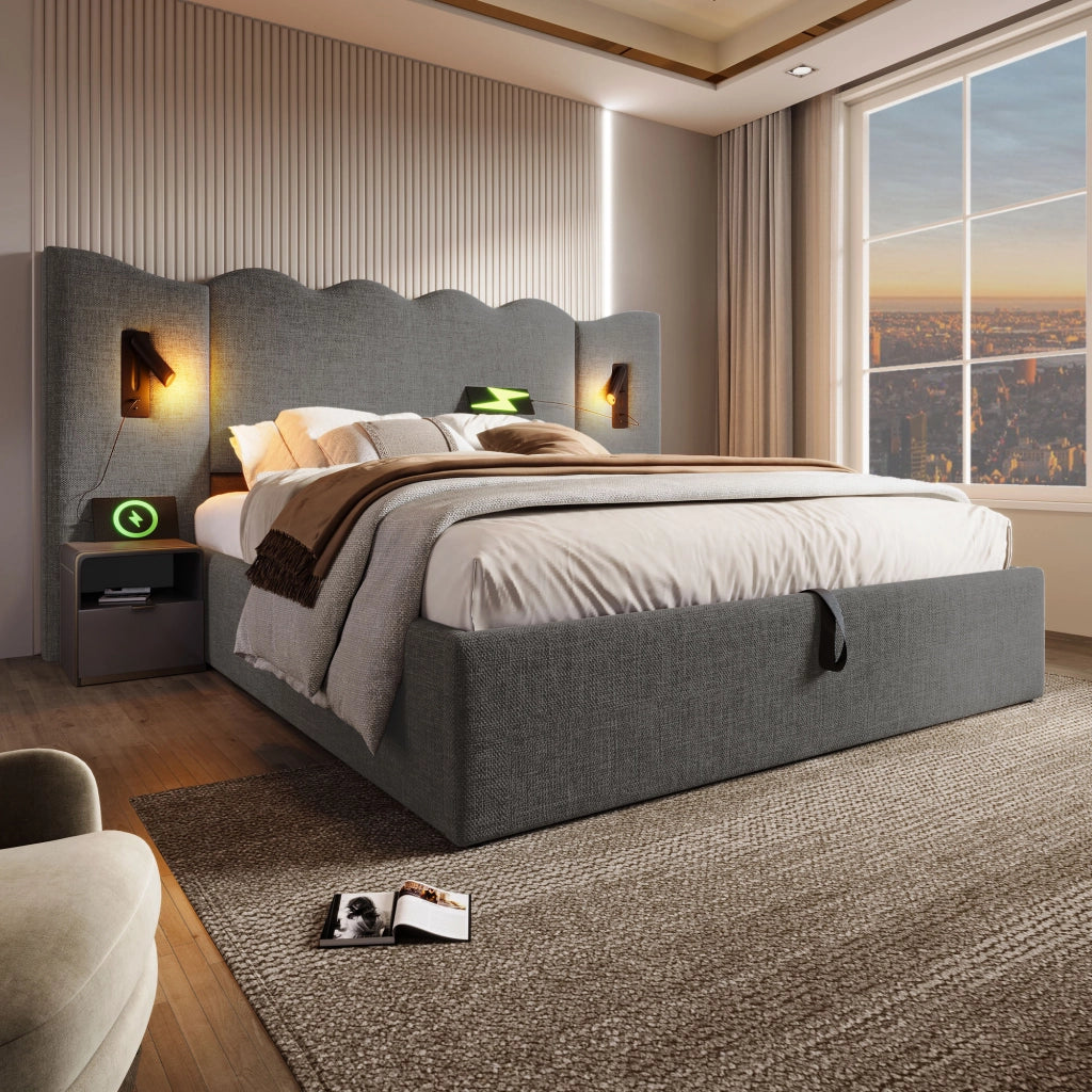 Letto contenitore matrimoniale 160 × 200 cm con lampada da lettura girevole, USB e Type-C, con materasso, grigio