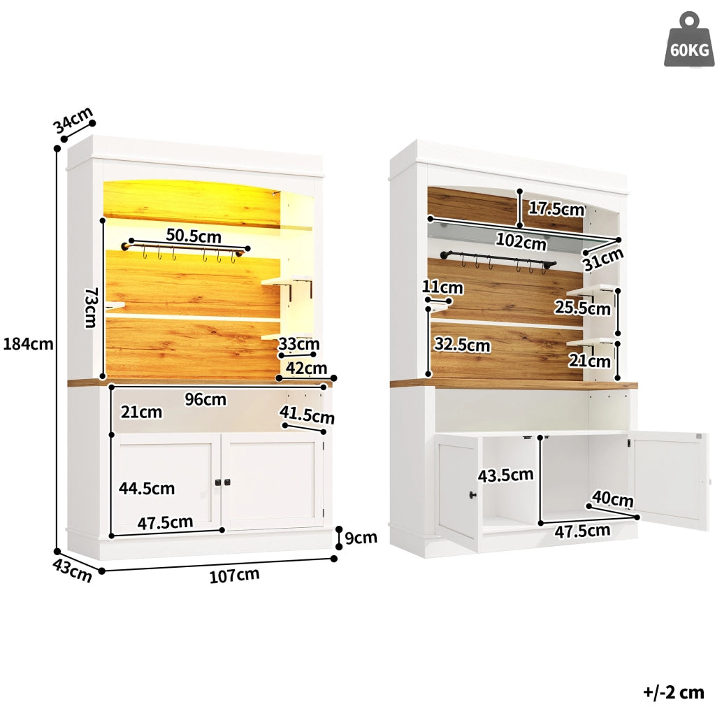 Hochschrank Weiß mit LED-Beleuchtung, Glasregal und Hakenleiste, 184 cm hoch, belastbar bis 60 kg