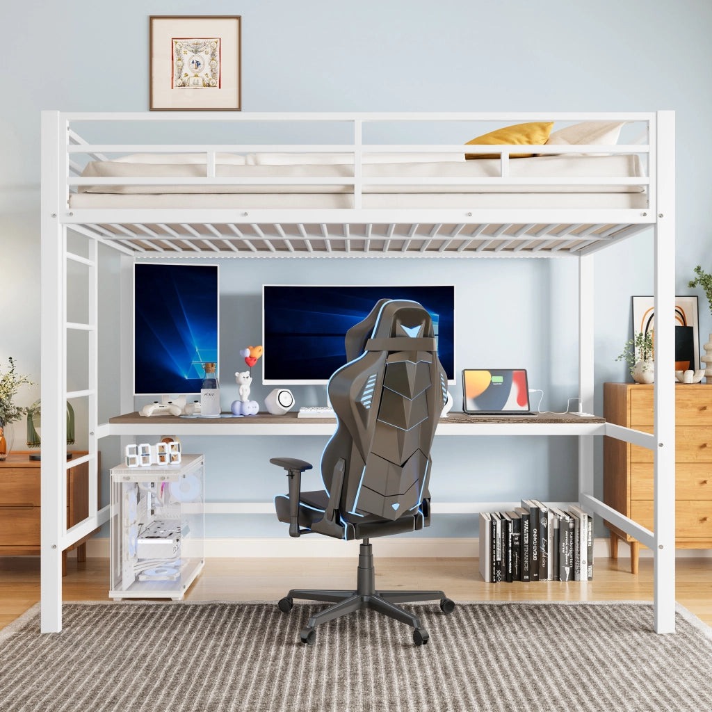 Letto a soppalco per bambini 90 × 200 cm in metallo e MDF bianco con scrivania LED USB e tipo C