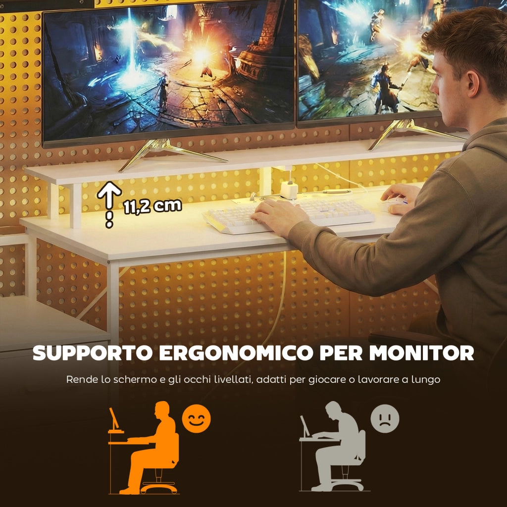 Scrivania Gaming 147 cm, Tavolo per Computer con Supporto CPU Regolabile e Reversibile, Luci RGB, Prese di Alimentazione, Porte USB e USB-C, Supporto Monitor e 3 Cassetti in Tessuto, Bianco